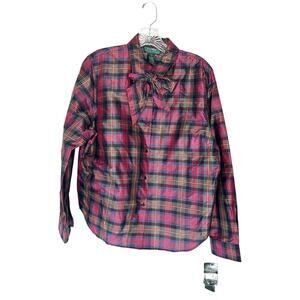 NWT Ralph Lauren Silk Georgette Harvest Plaid Button Down Blouse Size Large